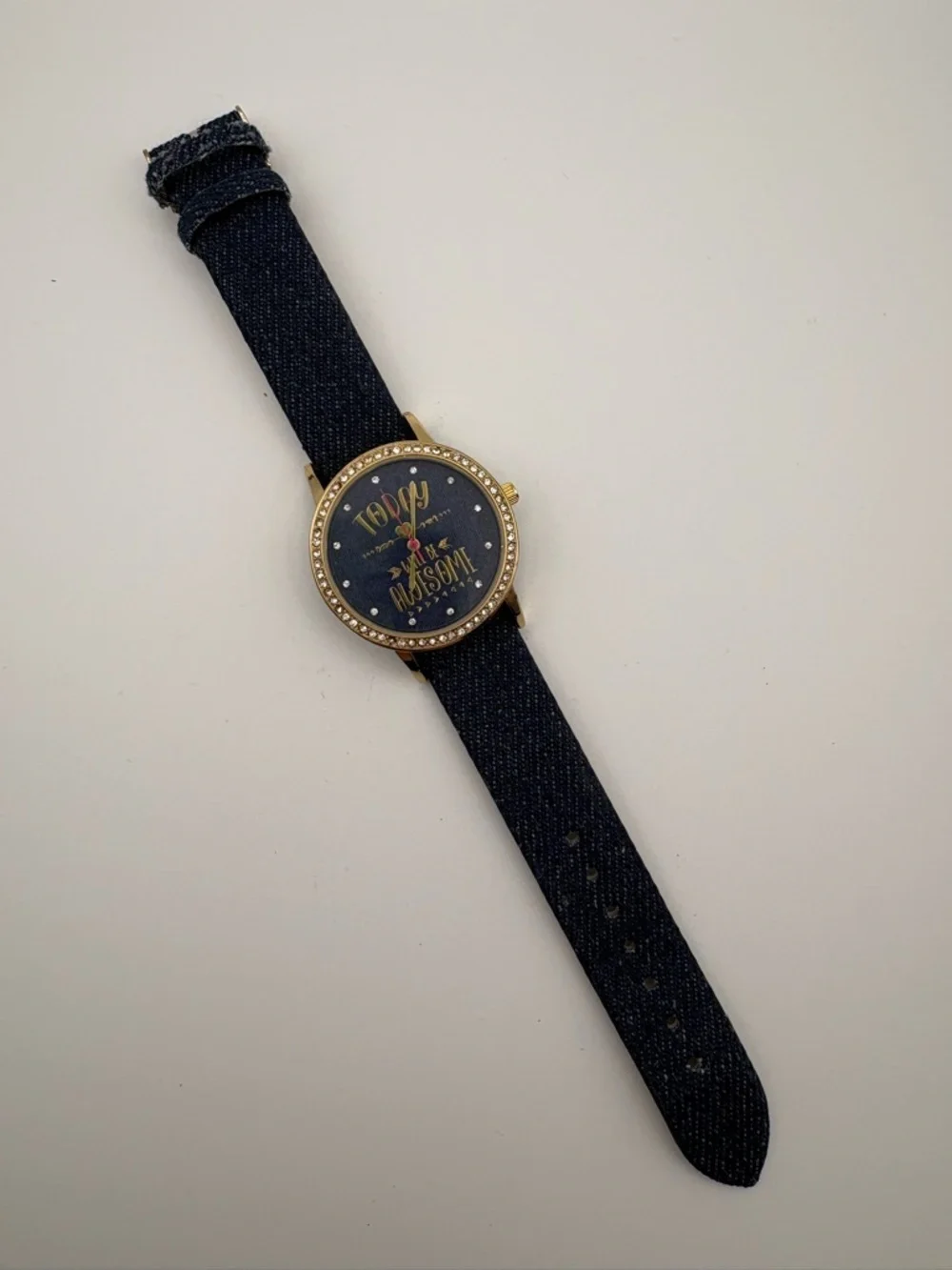 Jessica‎ Carlyle Gold Crystal Bezel Denim Strap Watch Today Will Be Awesome Dial